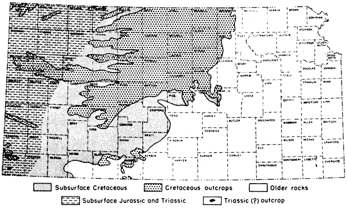 Cretaceous outcrops mostly in north-central, subsurface in west half; subsurface Jurassic and Triassic in farthest west counties.