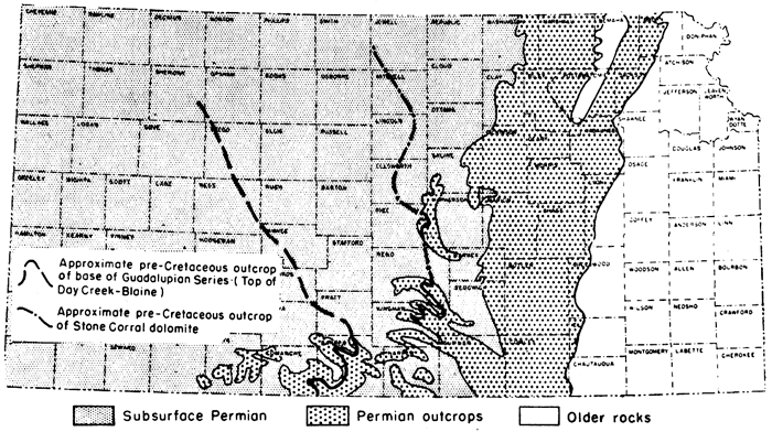 Outcrops are exposed in a belt from Washington-Brown in the north to Cowley-Clary in the south; subsurface in everywhere west.