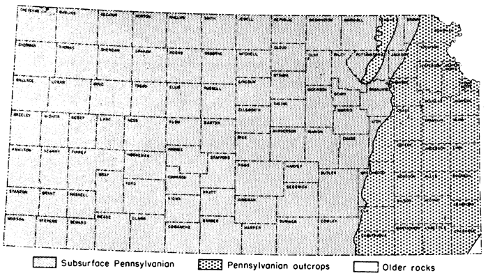 Outcrops in western quarter of the state, subsurface west of there.