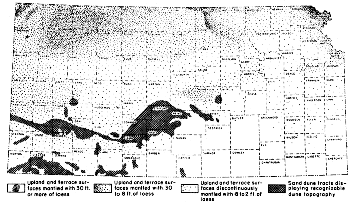 Sand dune tracts in southwest Kansas, other deposits in much of Northern half of state.