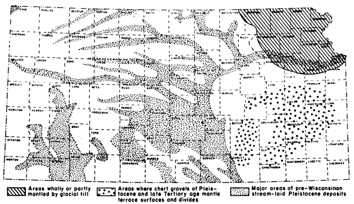 Chert gravels located in southwest Kansas; glacial till common in northeast; older stream-laid deposits in west.