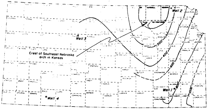Crest of arch in Marshall Co.; 200-foot contour from Brown to Wabaunsee to Morris, Dickenson, and north to Republic counties.