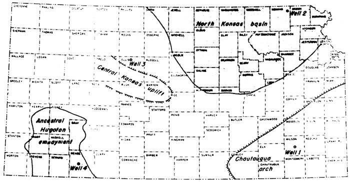 North Kansas basin in northeast and north-central counties; Chautauqua arch in southeast counties; Central Kansas uplift in Barton, Rush, Ellis, Ness, and Trego counties.
