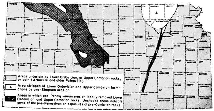 Lower Ordovician and Upper Cambrian rocks removed in areas of Central Kansas uplift and lower end of Nemaha uplift.