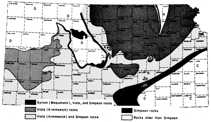 Sylvan, Viola, and Simpson in band north and west of Cherokee basin; Viola in SW.