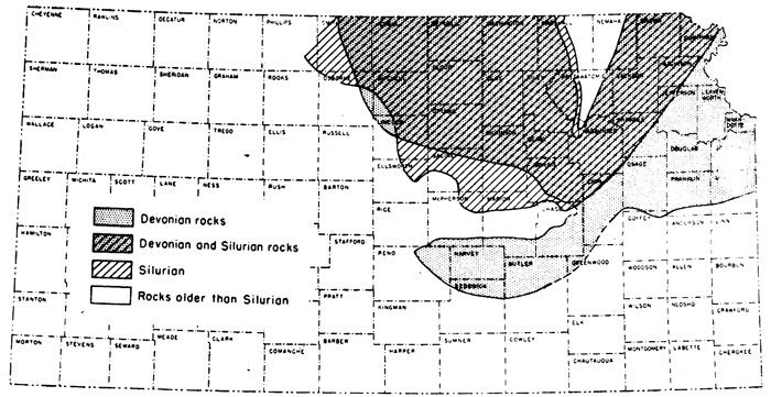 Devonian and Silurian limited to northeast and north-central Kansas.