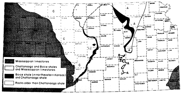 Mississippian limestones in western third and far southeast Kansas.