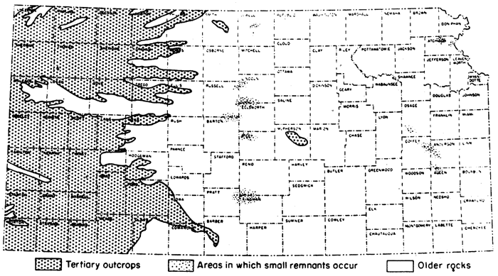 Primary outcrops in western third of state; smaller remnants in central and east-central Kansas.