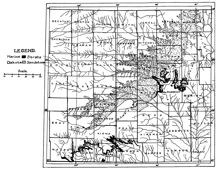 Dakota outcrops in wide band from Ford and Hodgeman NE to Washington counties; Marine strata shown in Meade to Barber, and Rice, McPherson, and Saline counties