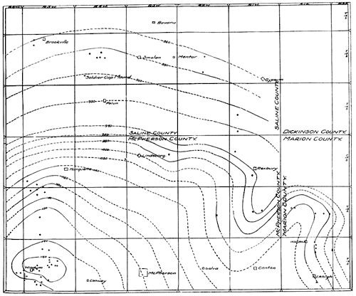 contour map of marine strata; high of 1160 west of McPherson; drops to 860 towards North and 940 to East
