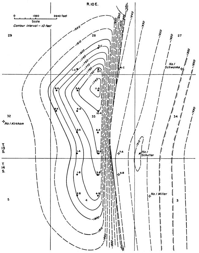 North-south structure seems to separate productive (to west, high of -1740 below sea level) and dry wells (to east, high of -1940).