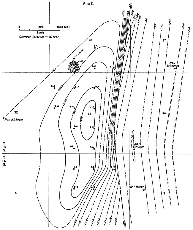 North-south structure seems to separate productive (to west, high of -1050 below sea level) and dry wells (to east, high of -1220).