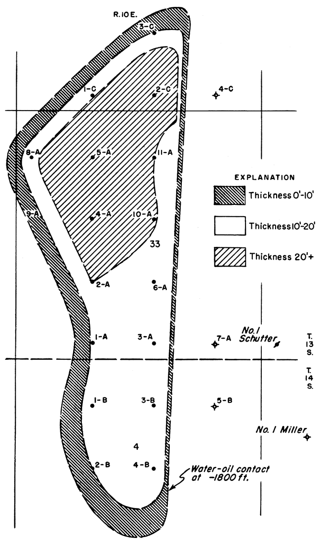 Thickness is 20 feet or more at northern end, and 10-20 for productive zone in a north-south shape.