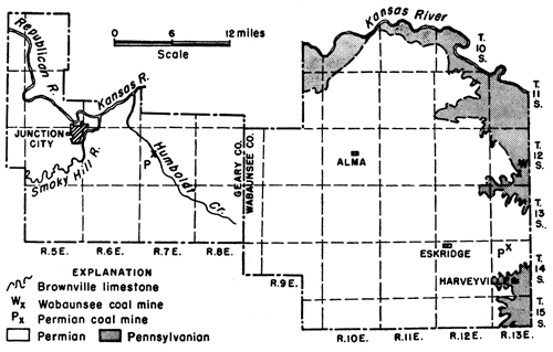 Permian covers most of Geary and Wabaunsee counties; Permian coal mine in center of Geary, eastern Wabaunsee; Penn. mines in north-eastern Wabaunsee.