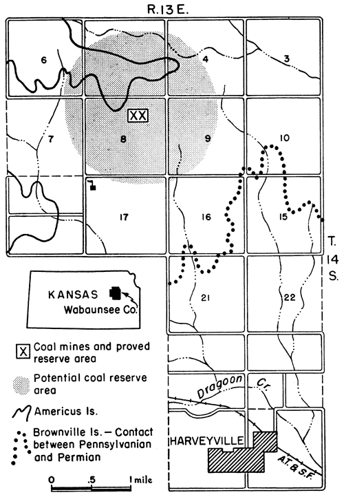 Location of mine north of Harveyville; poteltial reserves cover a part of several sections.