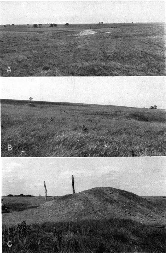 Three black and white photos of small mine dumps in grasslands.