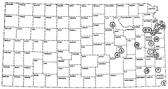 Samples location primarily in far eastern Kansas, though three are as far west as Clay and Chase counties.