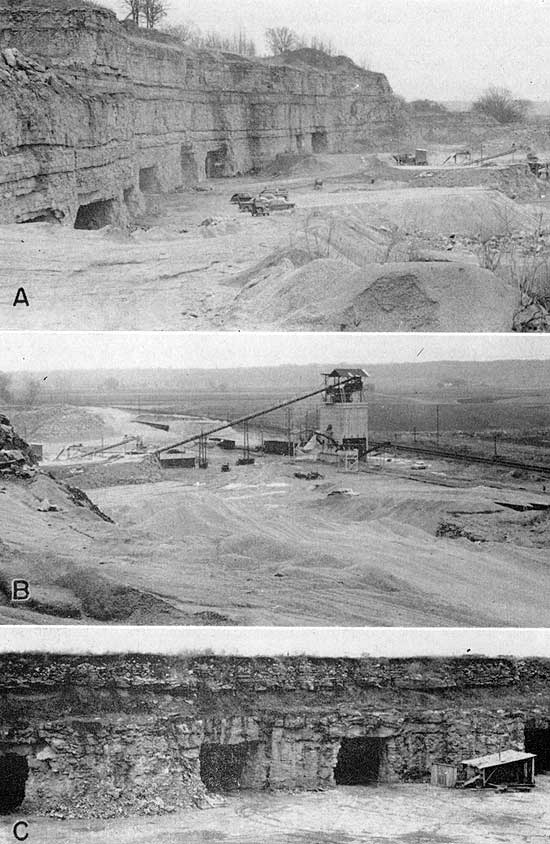 Three black and white photos of mining operations.