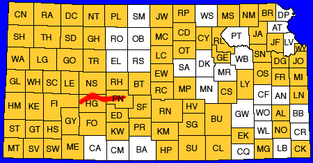 Map of Kansas showing all of the county publications available; this publication shown in red from northern Hodgeman and southern Ness counties to central Pawnee County.