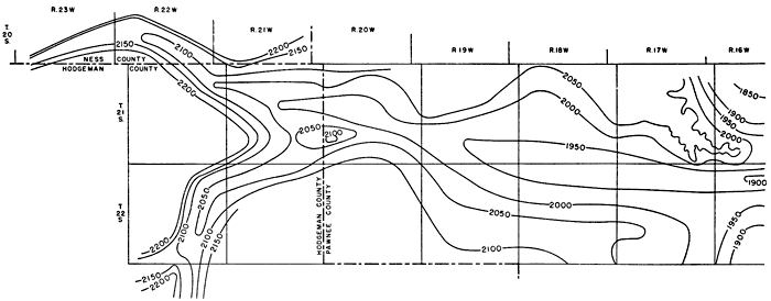 Bedrock as high as 2200 feet in northeast Hodgeman County; drops to 1900 in a velley in north-central Pawnee Co.