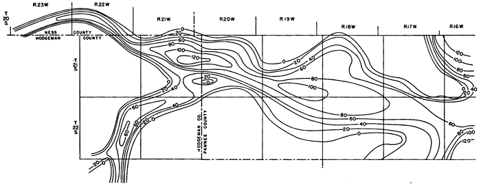 Thickness ranges from 120 feet at Hodgeman-Pawnee-Ness county intersection to 60 feet to the east in range 16 W, primarily in an east-west band.