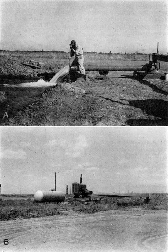 Two black and white photos; top photo is of man sitting atop discharge pipe measuring water flowing out of pipe into field; bottom photo is of irrigation well and butane-fueled turbine pump.