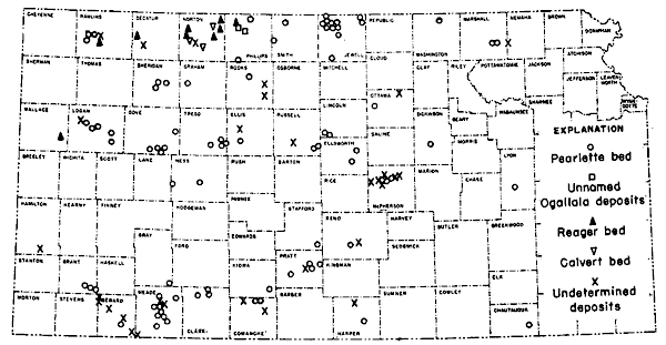 Locations of volcanic ash deposits throughout state.