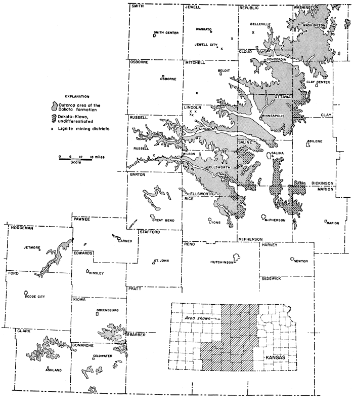 Dakota outcrops mostly from Rice and Ellsworth NE to Washington; lignite districts mostly in Lincoln and Russell.