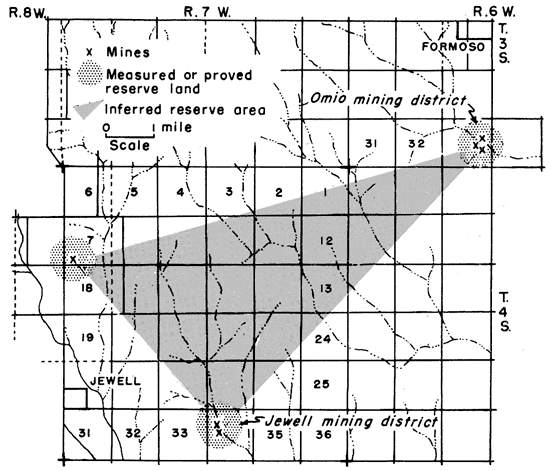 Reserve area shown as a triangle connecting the mined areas between Jewell and Formoso.