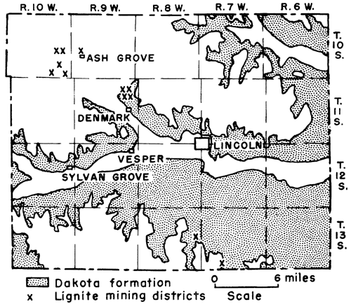 Dakota outcrops in much of county (south and east); mining districts mostly in NW part of county.