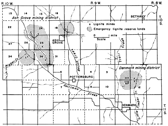 Mines clustered in NW near Ash Grove and in east-central.