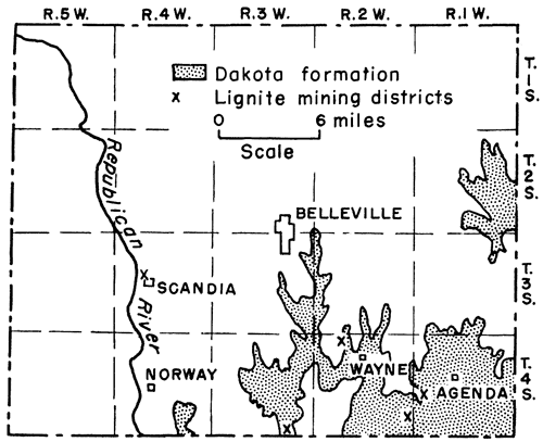 Dakota outcrops in SW and east-central; mining districts in SW and near Scandia.