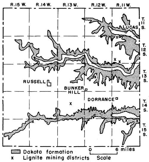 Dakota outcrops in river and stream channels, mining locations near those outcrops.