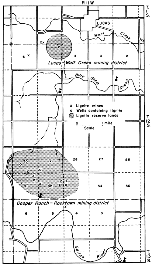 Two large mining areas shown between Wolf Creek and the Saline River, south of Lucas.