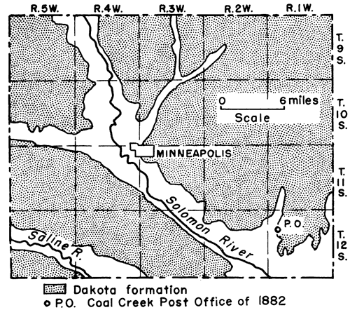 Almost all of Ottawa County is covered by Dakota; Coal Creek Post Office is in SE corner.