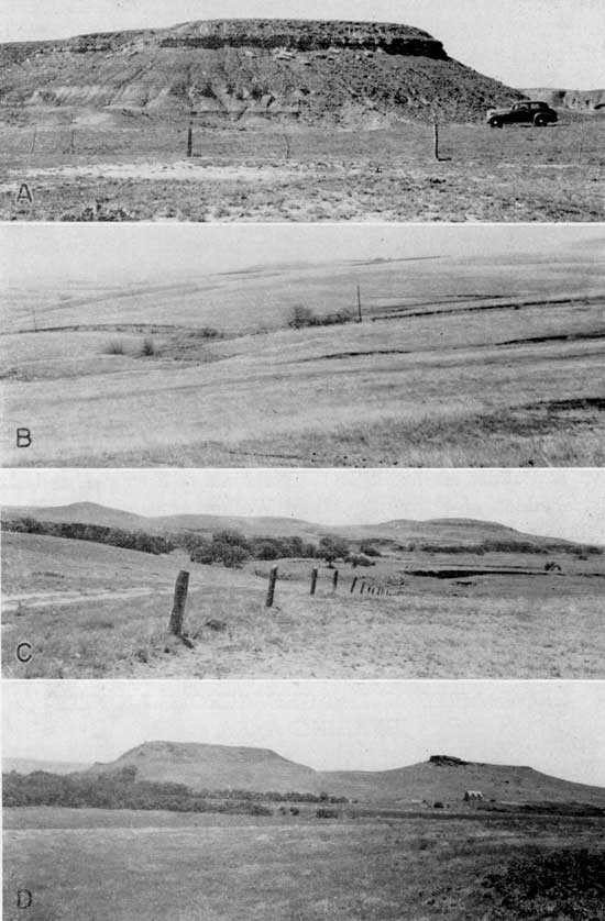 Four black and white photos showing flat-topped hills of resistant limestone and gentle rolling andscape.