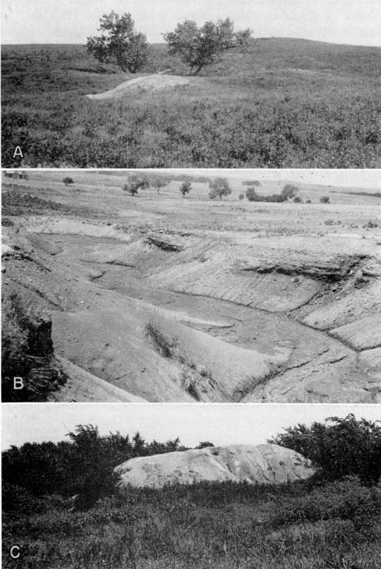 Three black and white photos of old mine dumps and an outcrop.