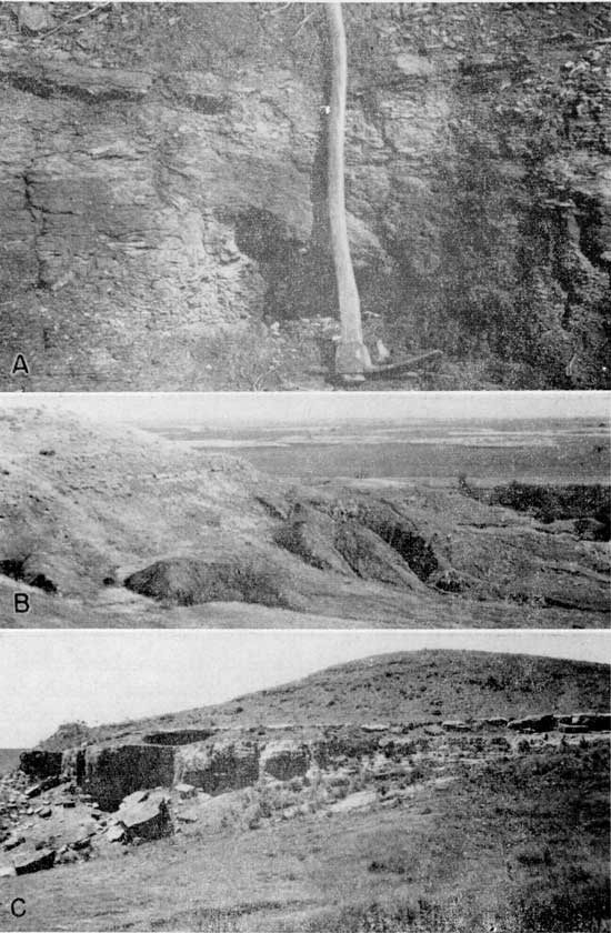 Three black and white photos showing outcrops and remains of mines.