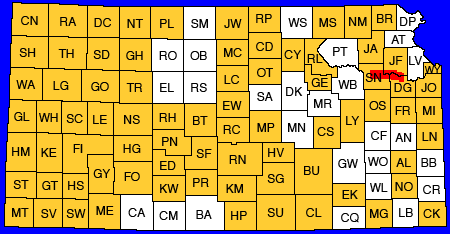 Map of Kansas showing all of the county publications available; this publication shown in red as a box between Lawrence and Topeka