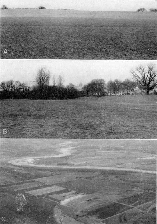 Three black and white photos of Newman terrace and an aerial view of Kansas River valley.