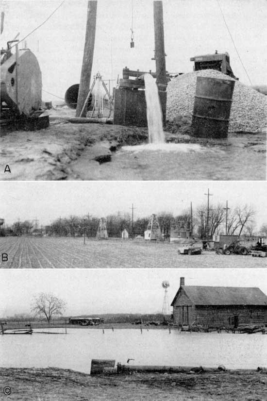 Three black and white photos; pumping test of well, three water wells along tree row, and pond next to small barn.