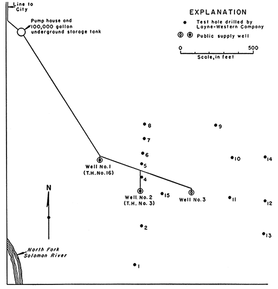 Phillipsburg well field showing locations of wells and test holes to NE of river.
