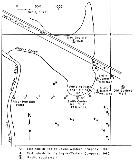 Smith Center well field showing locations of wells and test holes to east of river, near Beaver Creek.