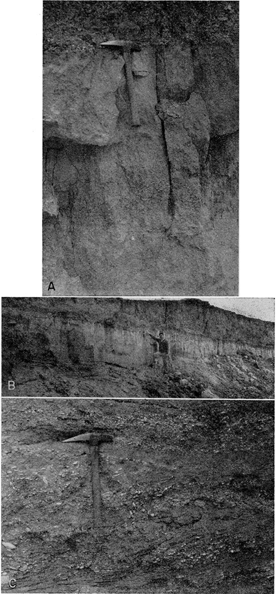 Three black and white photos; top and bottom are closeups of Meade formation; middle is silt of Meade formation in large outcrop.