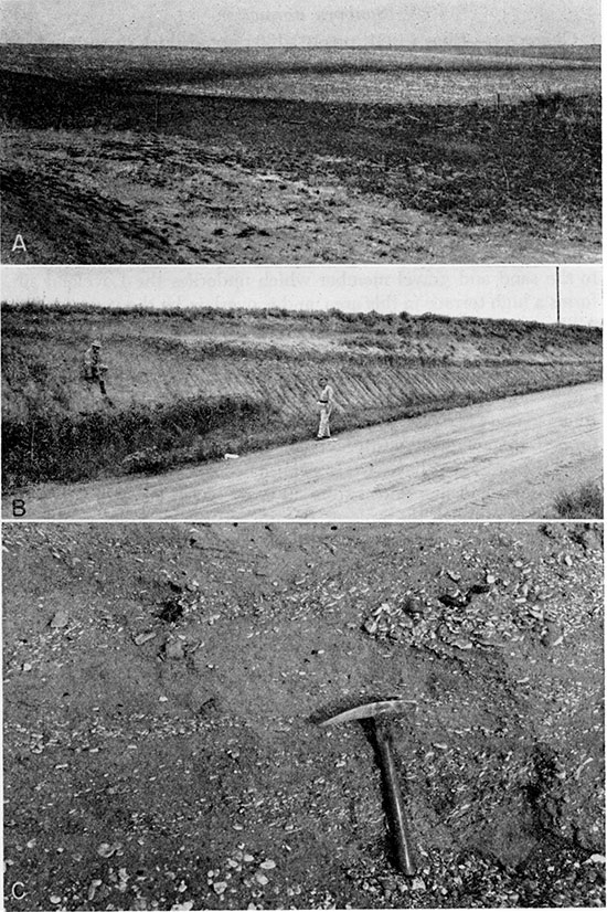 Three black and white photos of Sanborn formation; top is landscape photo of plowed field; middle is outcrop of Bignell silt, Brady soil, and Peoria silt; bottom is closeup of Crete member in river bank.