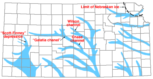 Nebraskan glacier reached southern Atchison, northern Jackson, and eastern Nemaha counties; drainage in west flowed mostly south; in east drainage is E-W except for two in SE KS that flow south.