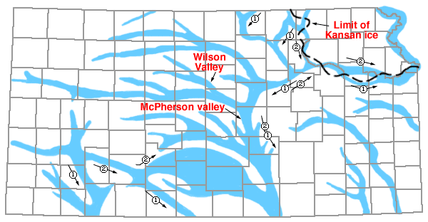 Early in Kansan glacial retreat flow is to south; NE Kansas streams reverse to flow east in latest stage of retreat.