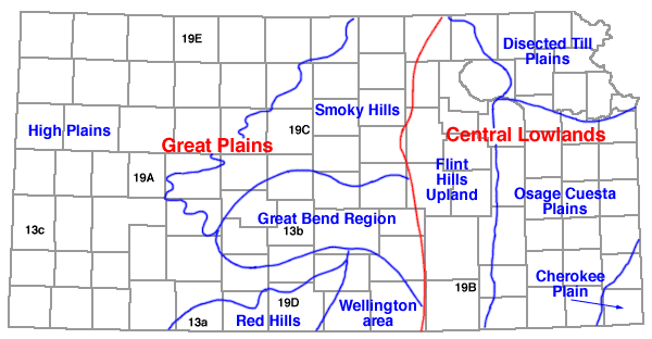 Great Plains covers western 2/3 of state, with Central Lowlands in east