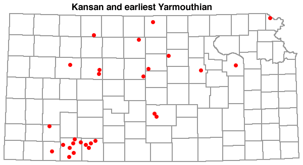 Kansan and earliest Yarmouthian samples primarily in north central counties, Meade and Clark counties, and Doniphan County