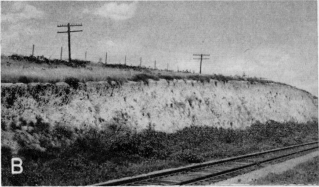 black and white photo, Peoria loess and Sangamon soil, outcrop along railroad track
